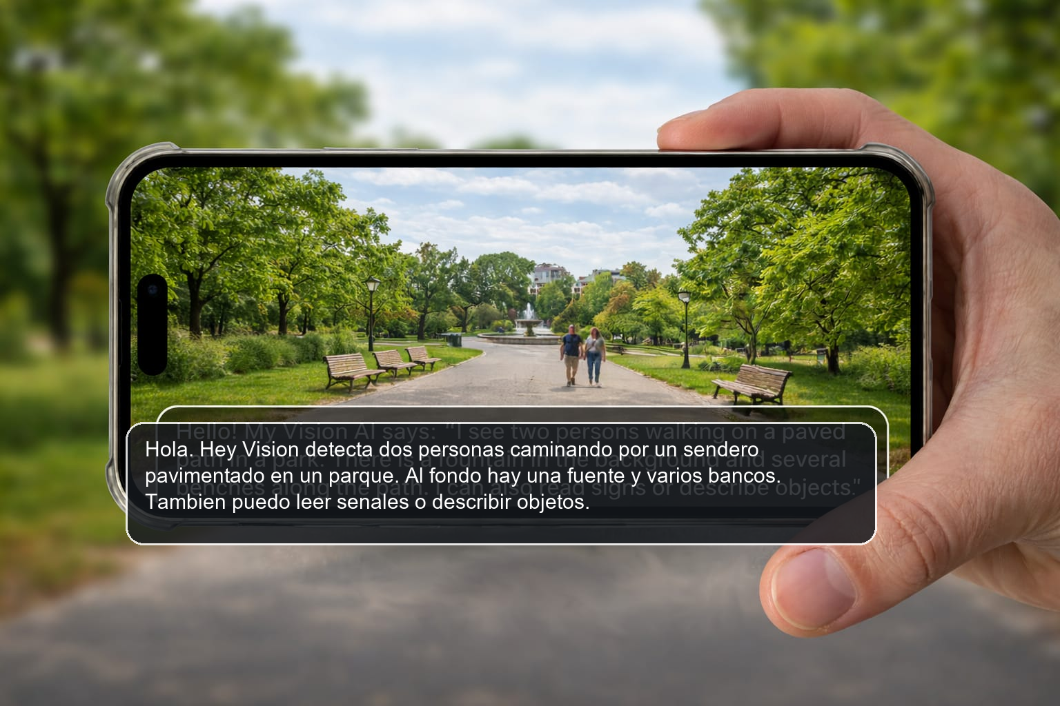 Demostración de Hey Vision describiendo una escena en un parque desde el móvil